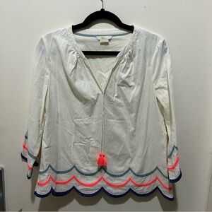 Boden White Embroidered Peasant Scalloped Tassel Tie Long Sleeve Blouse Size 6